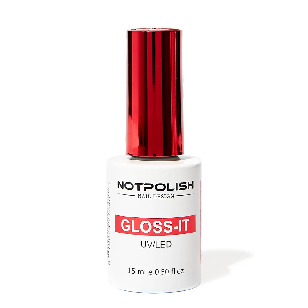 Notpolish Gloss-It bottle front demonstrates a clear top coat delivering long-lasting salon shine.