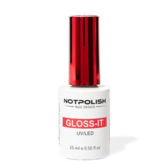 Notpolish Gloss-It bottle front demonstrates a clear top coat delivering long-lasting salon shine.
