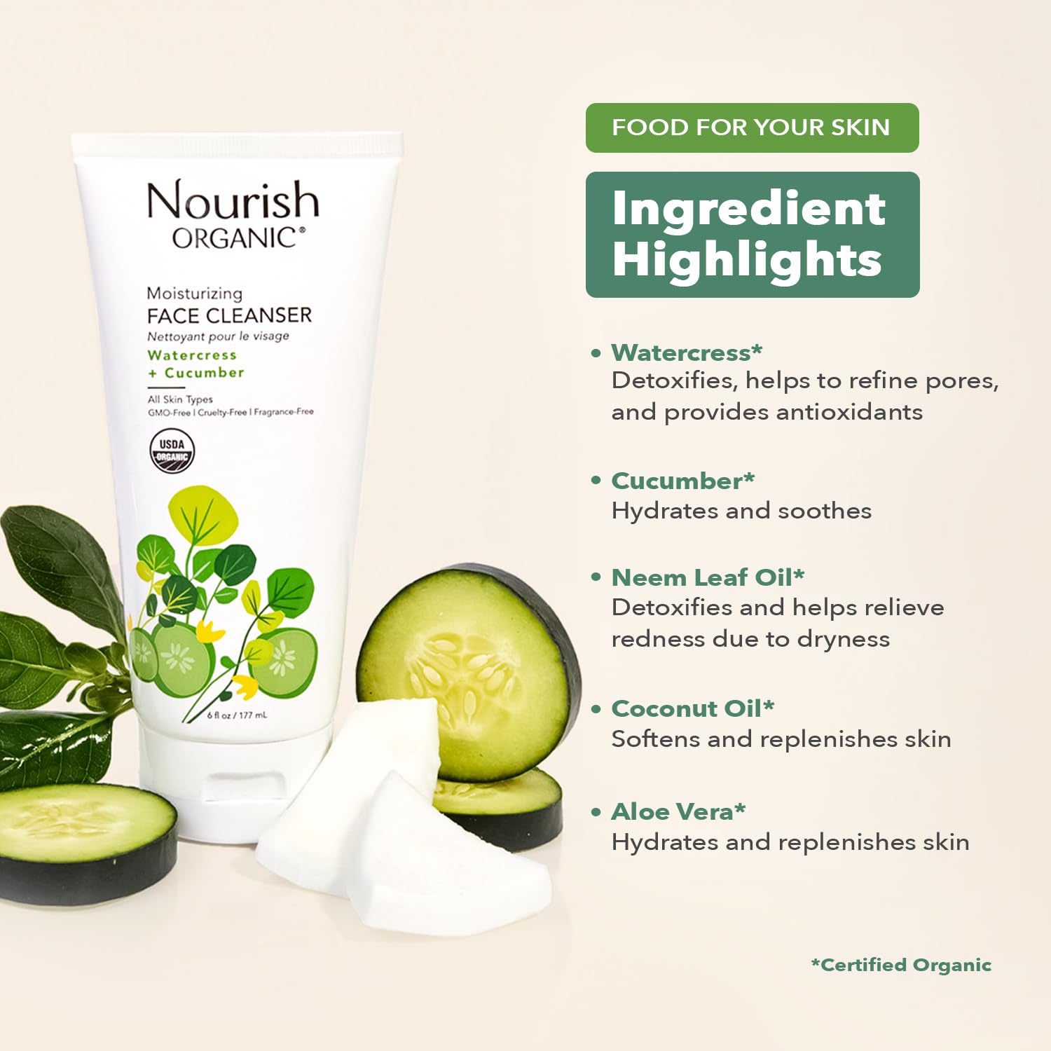 Nourish Organic vegan, cruelty-free formula suitable for all skin types.