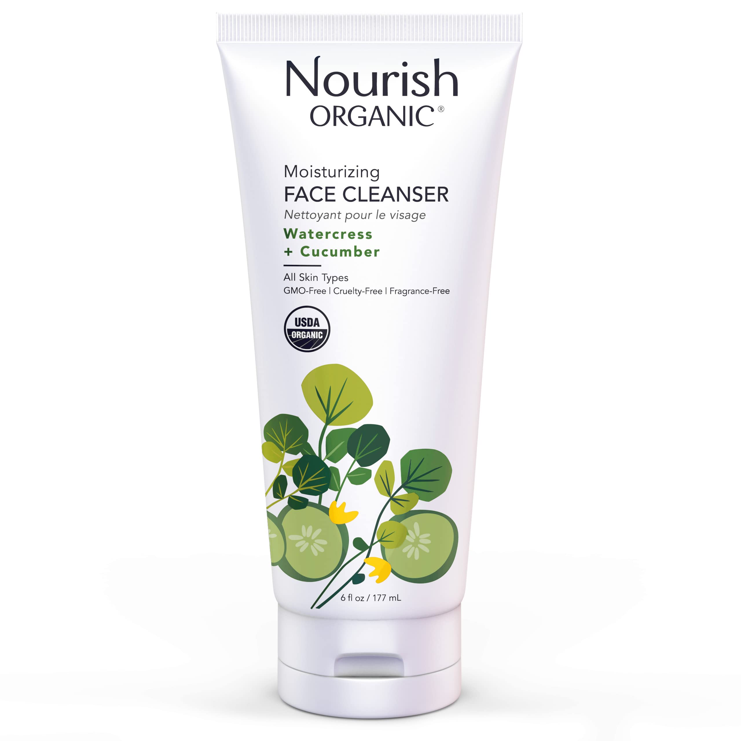 Nourish Organic Watercress Cucumber Face Cleanser bottle for refreshing hydration and balanced pores.