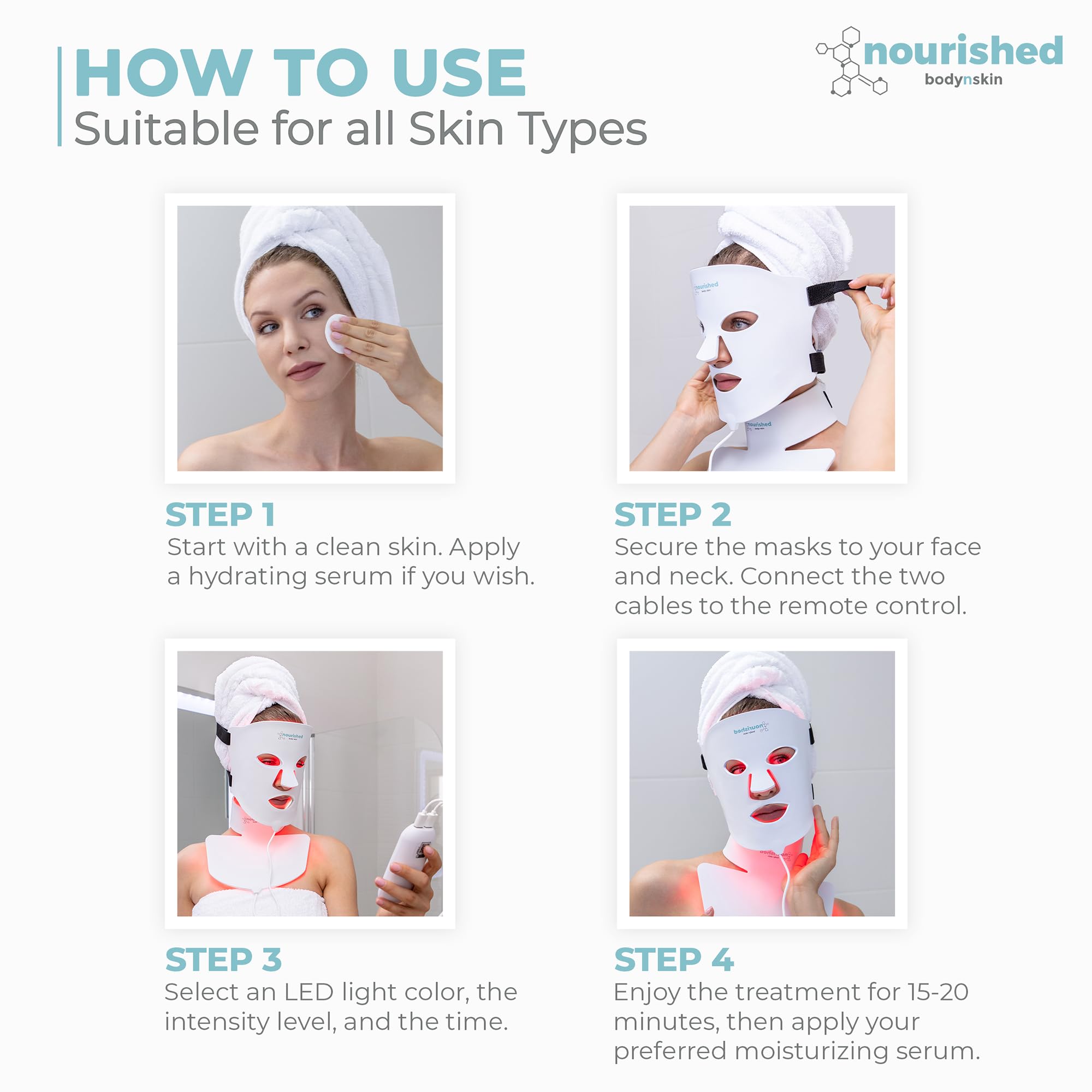 Nourished Bodynskin LED mask being used on model to demonstrate fit.