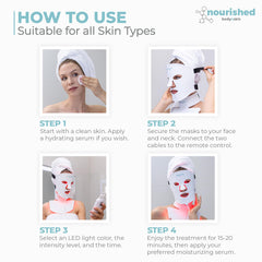 Nourished Bodynskin LED mask being used on model to demonstrate fit.