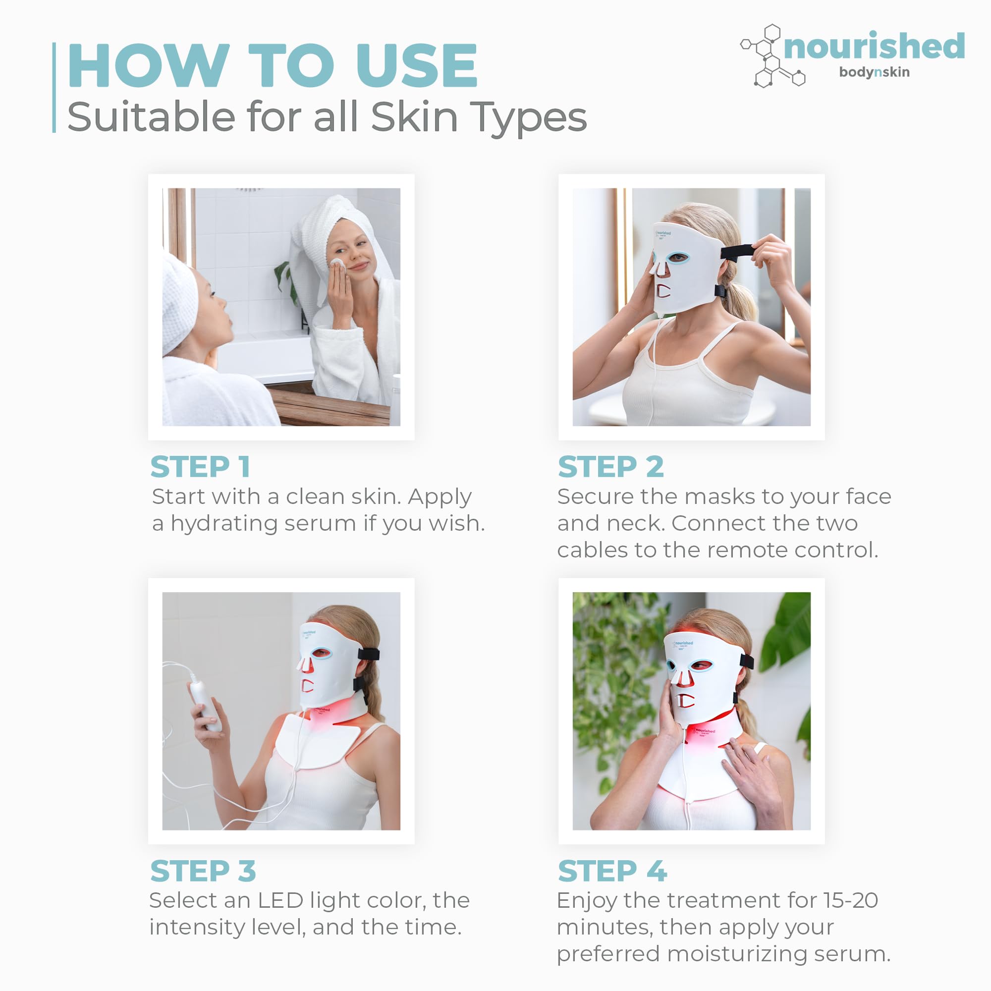 Nourished Bodynskin LED mask worn on face demonstrates easy, snug home-use.