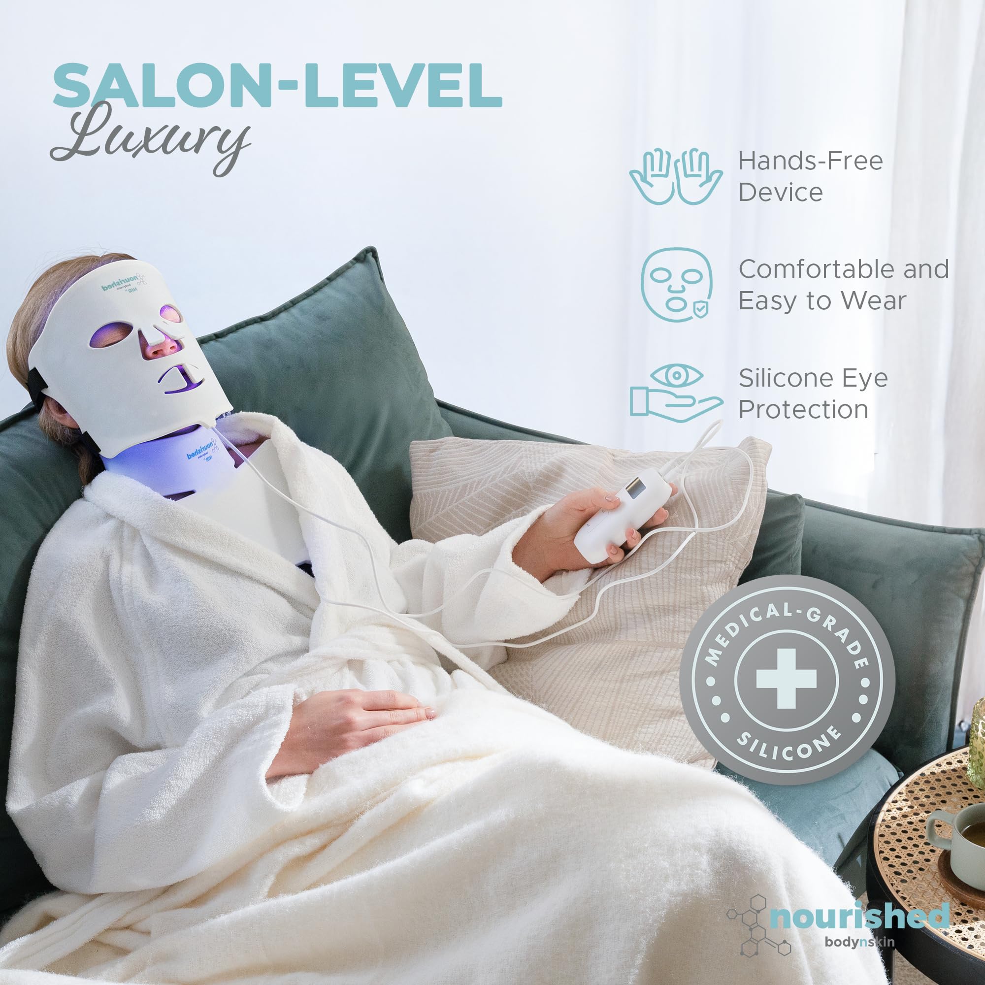 Nourished Bodynskin LED mask red plus NIR mode supports renewal and soothing relief.