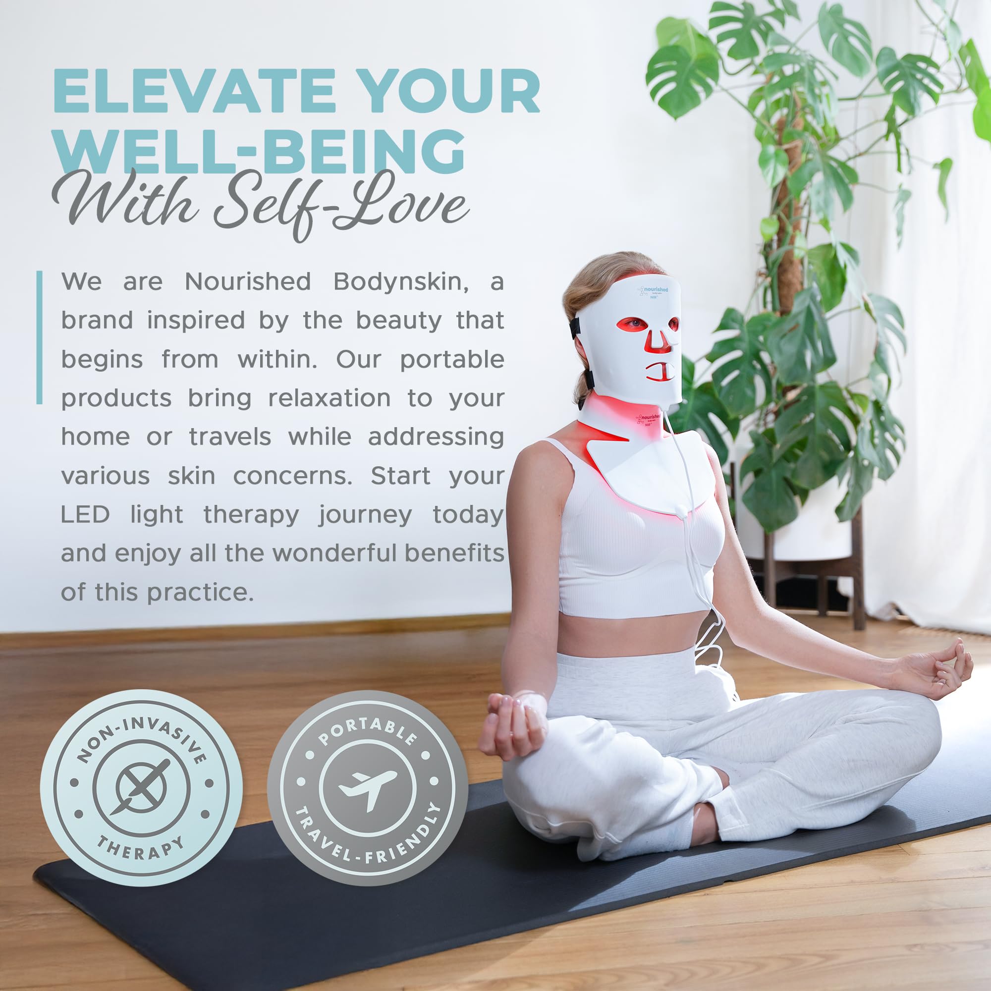 Nourished Bodynskin LED mask rechargeable remote control enables hands-free adjustments.