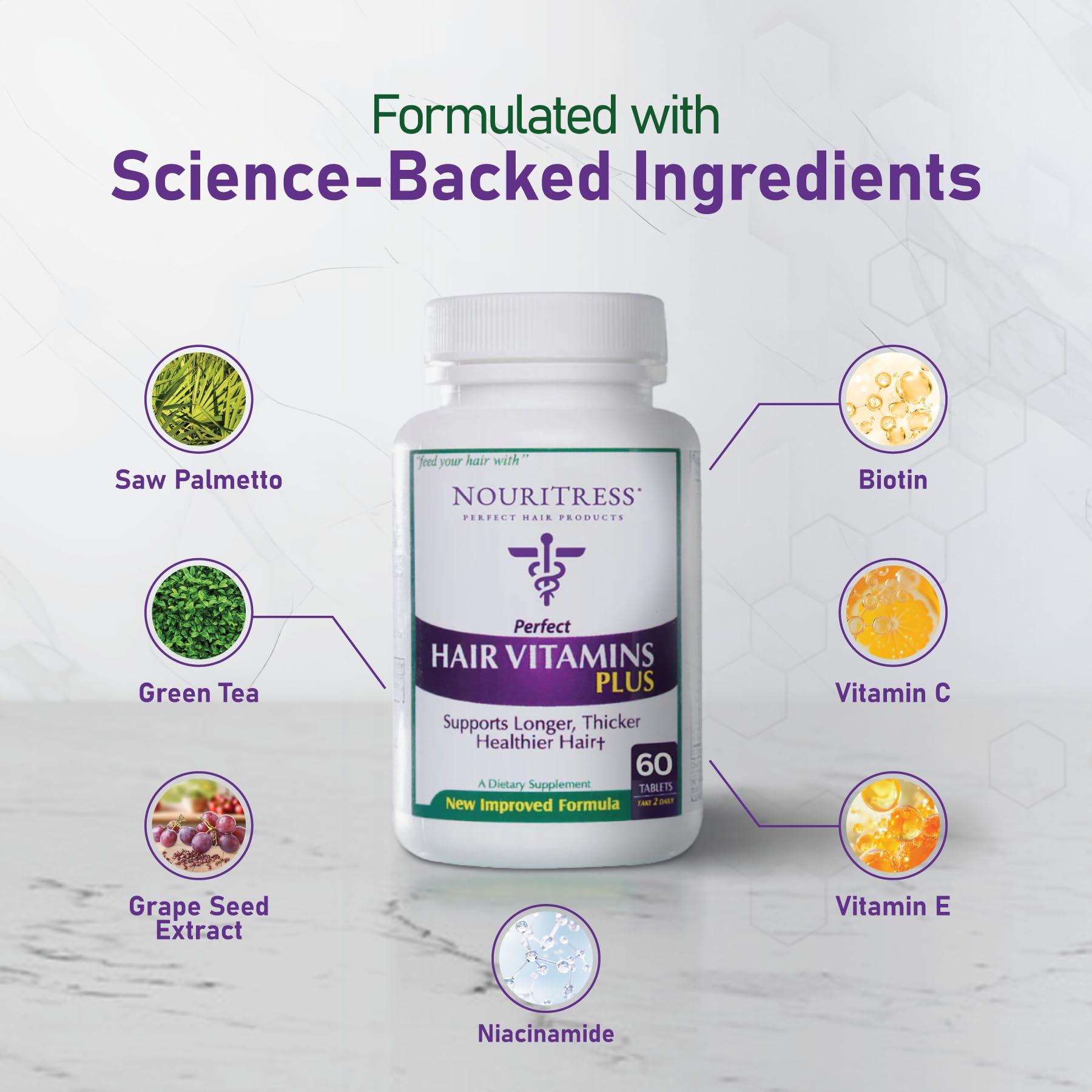 NouriTress Perfect Hair Vitamins Plus capsules closeup highlights soft gel texture for easy daily use.