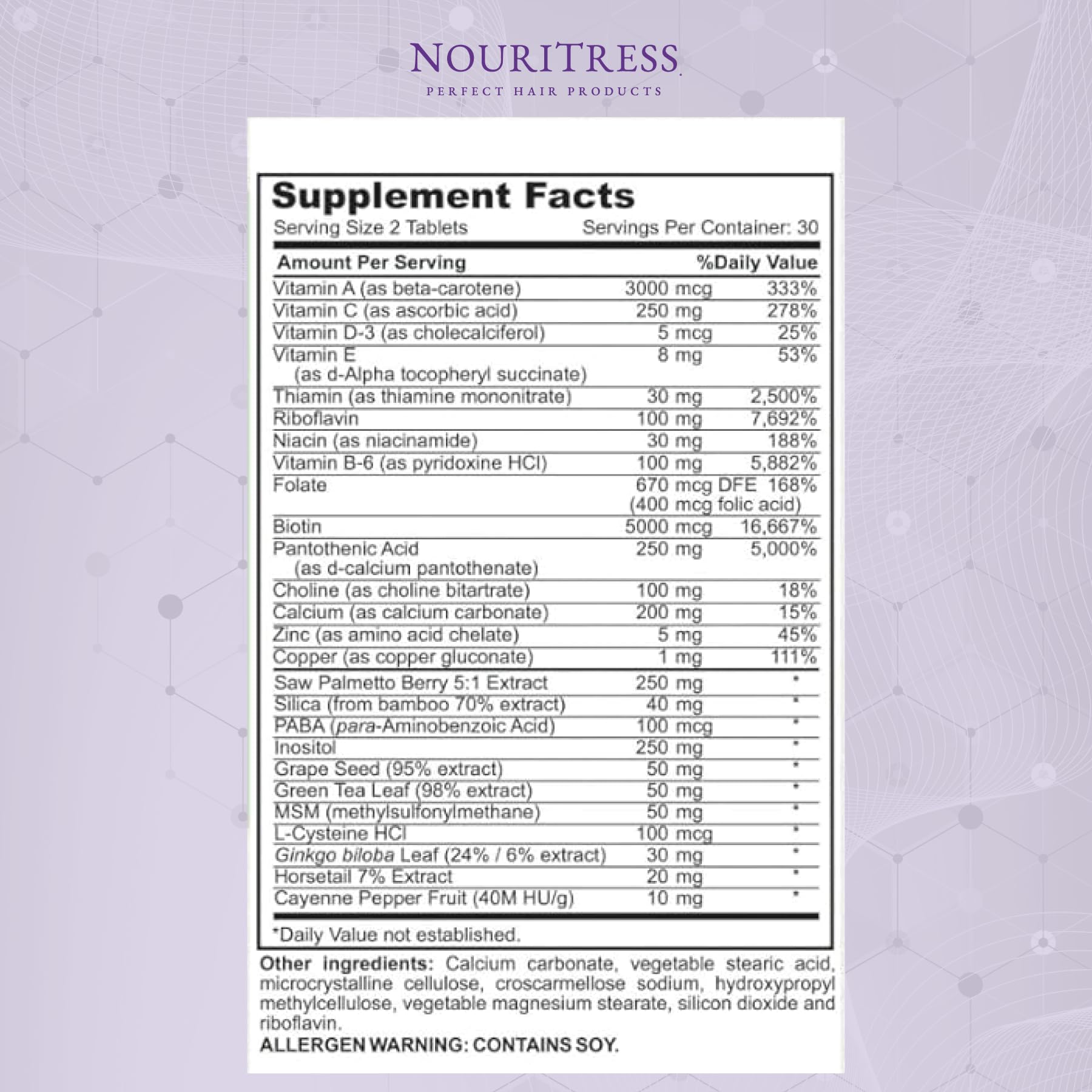 NouriTress Perfect Hair Vitamins Plus DHT-blocking ingredients label showcases saw palmetto and green tea extracts.
