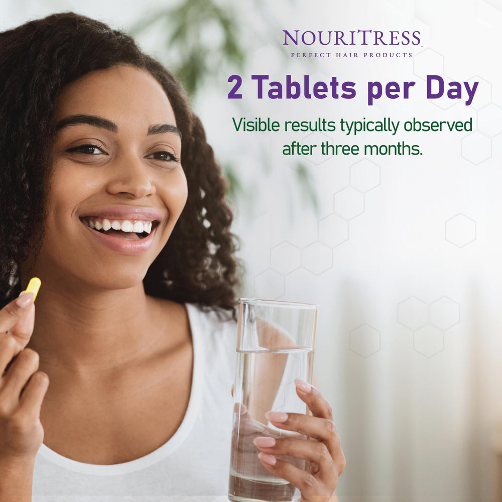 NouriTress Perfect Hair Vitamins Plus ingredient-closeup highlights biotin and vitamin E.