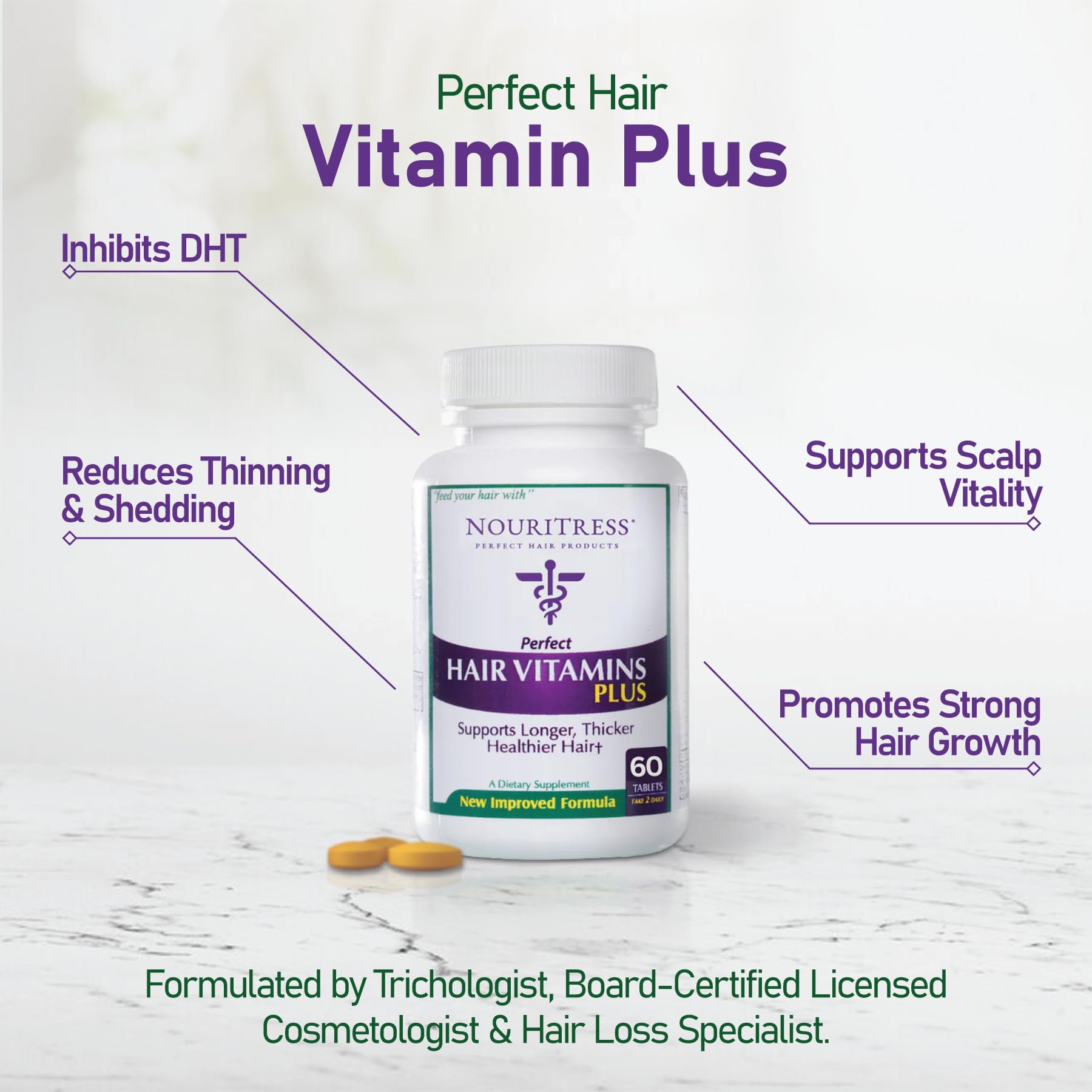 NouriTress Perfect Hair Vitamins Plus packaging box emphasizes dermatologist-recommended formula for hair health.