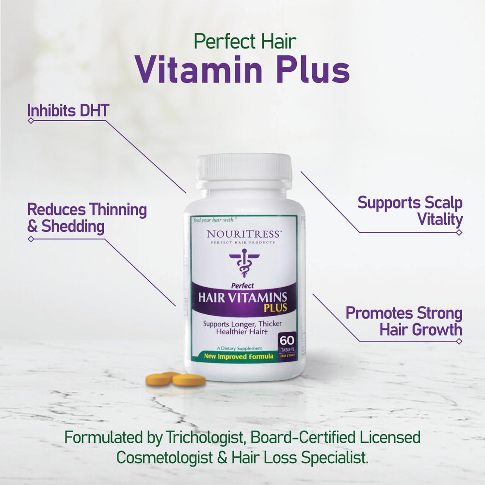 NouriTress Perfect Hair Vitamins Plus packaging box emphasizes dermatologist-recommended formula for hair health.