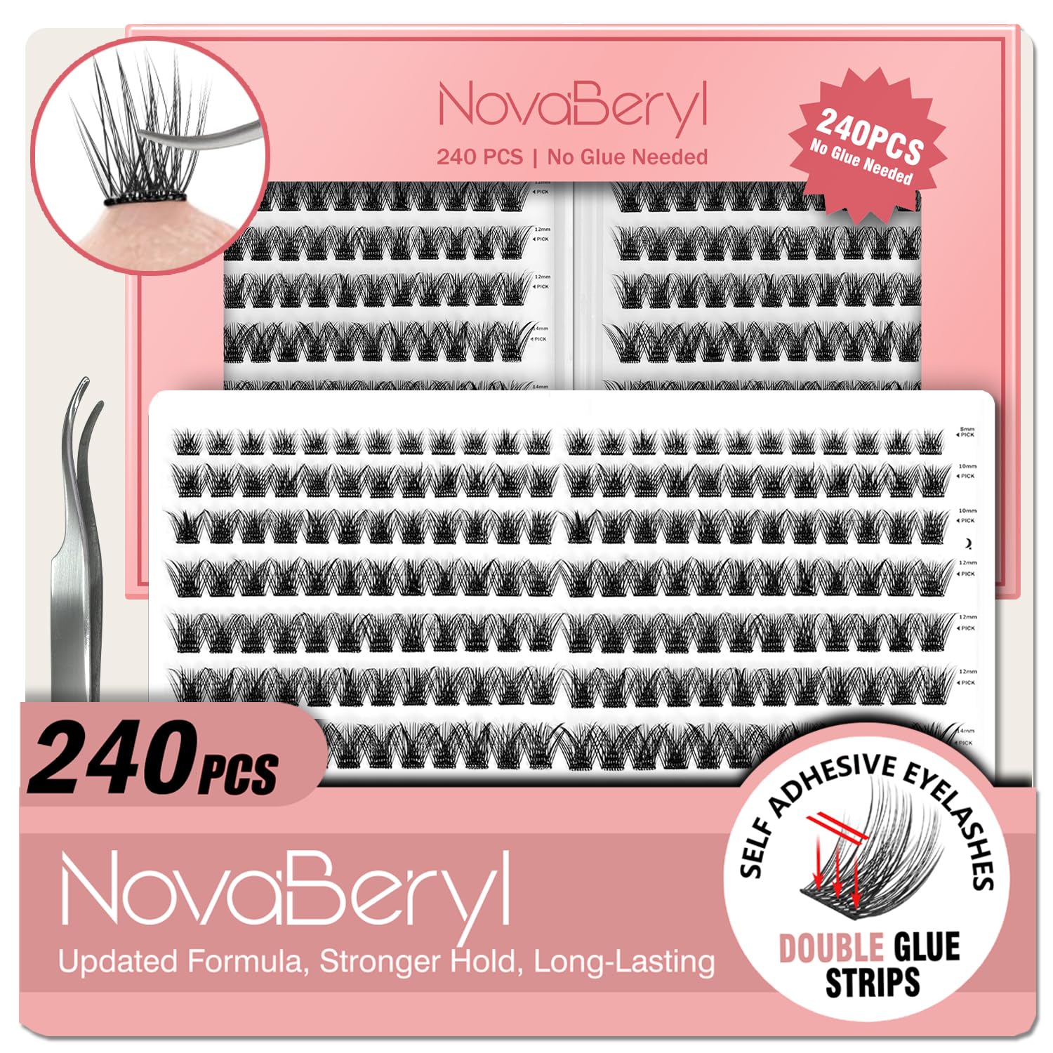 NovaBeryl self-adhesive lash clusters packaging shows easy at-home setup