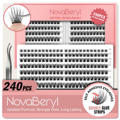 NovaBeryl self-adhesive lash clusters packaging shows easy at-home setup