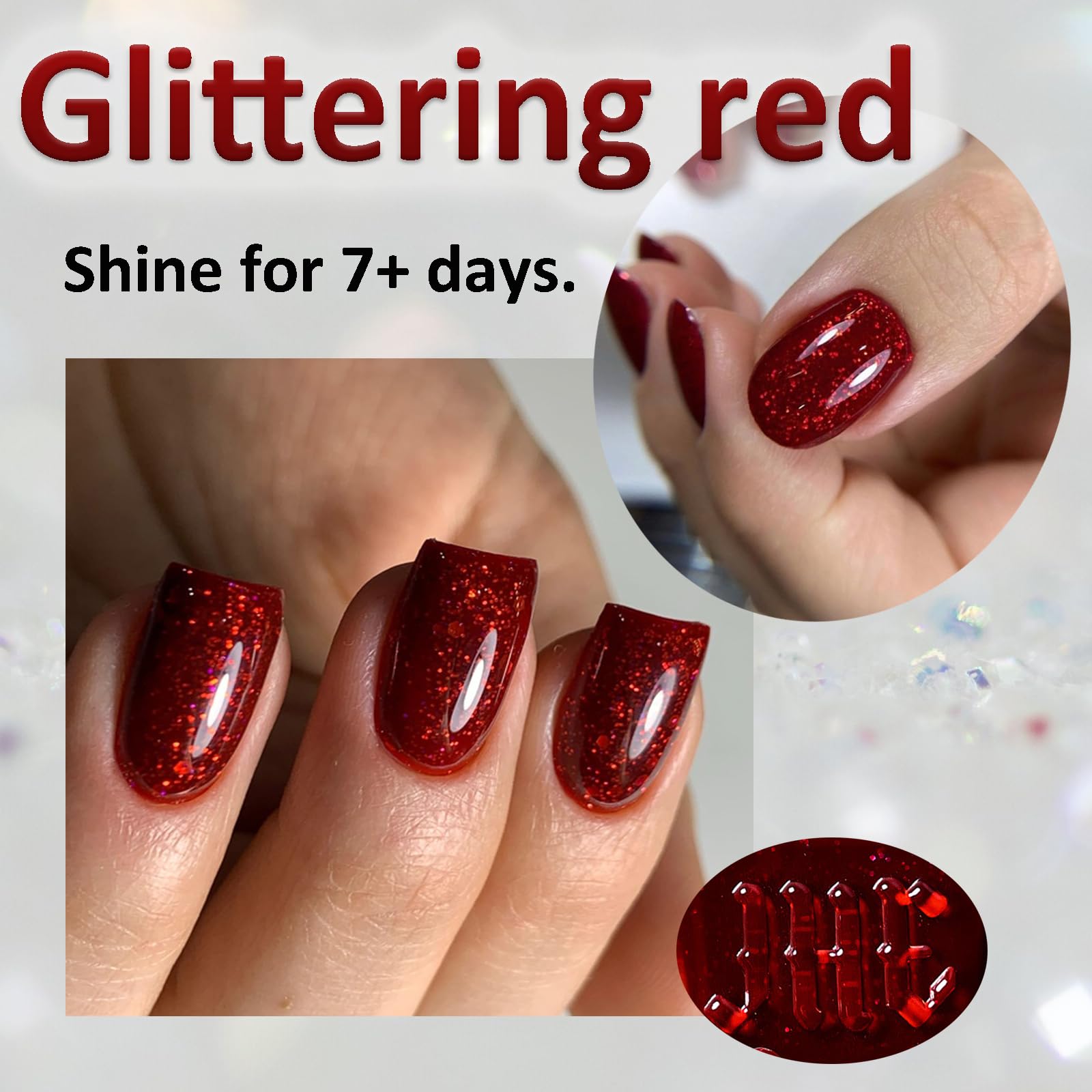 NovaCharm long-wear glitter polish swatch indicating glossy finish and lasting sparkle.