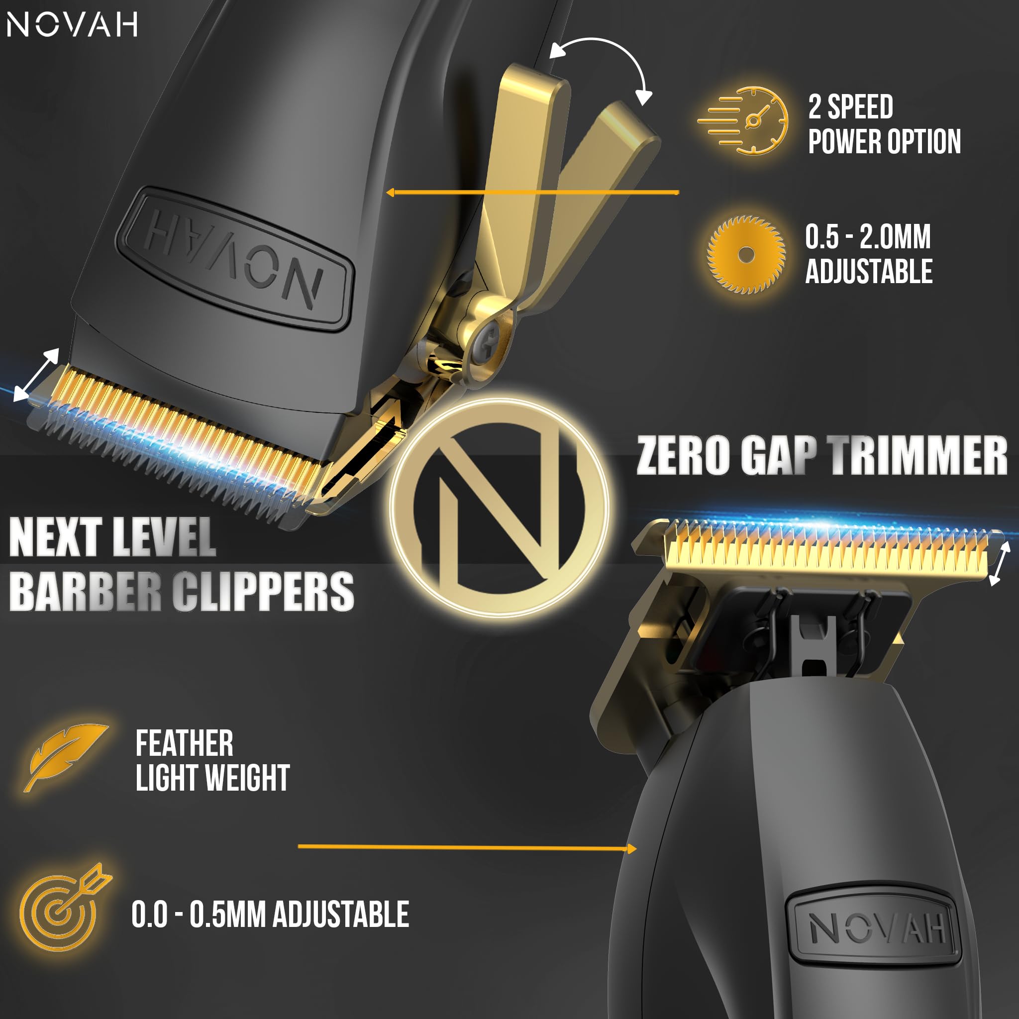 Novah Grooming LED display closeup shows quick speed and power status during sessions.