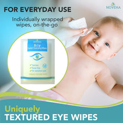 NOVEHA Eye Wipes in use on baby eyelids for tear-free cleaning