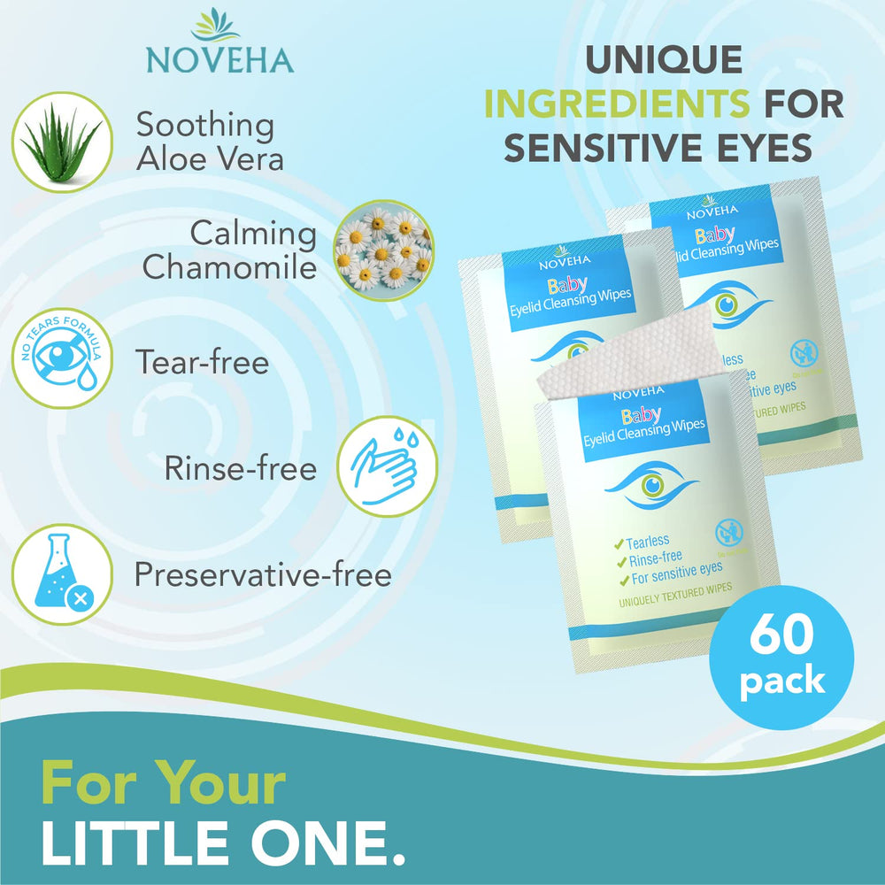 NOVEHA Baby Eye Wipes pack shows convenient wipes for on-the-go soothing