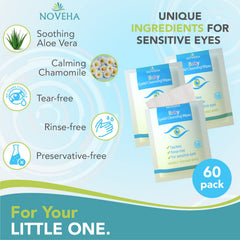 NOVEHA Baby Eye Wipes pack shows convenient wipes for on-the-go soothing