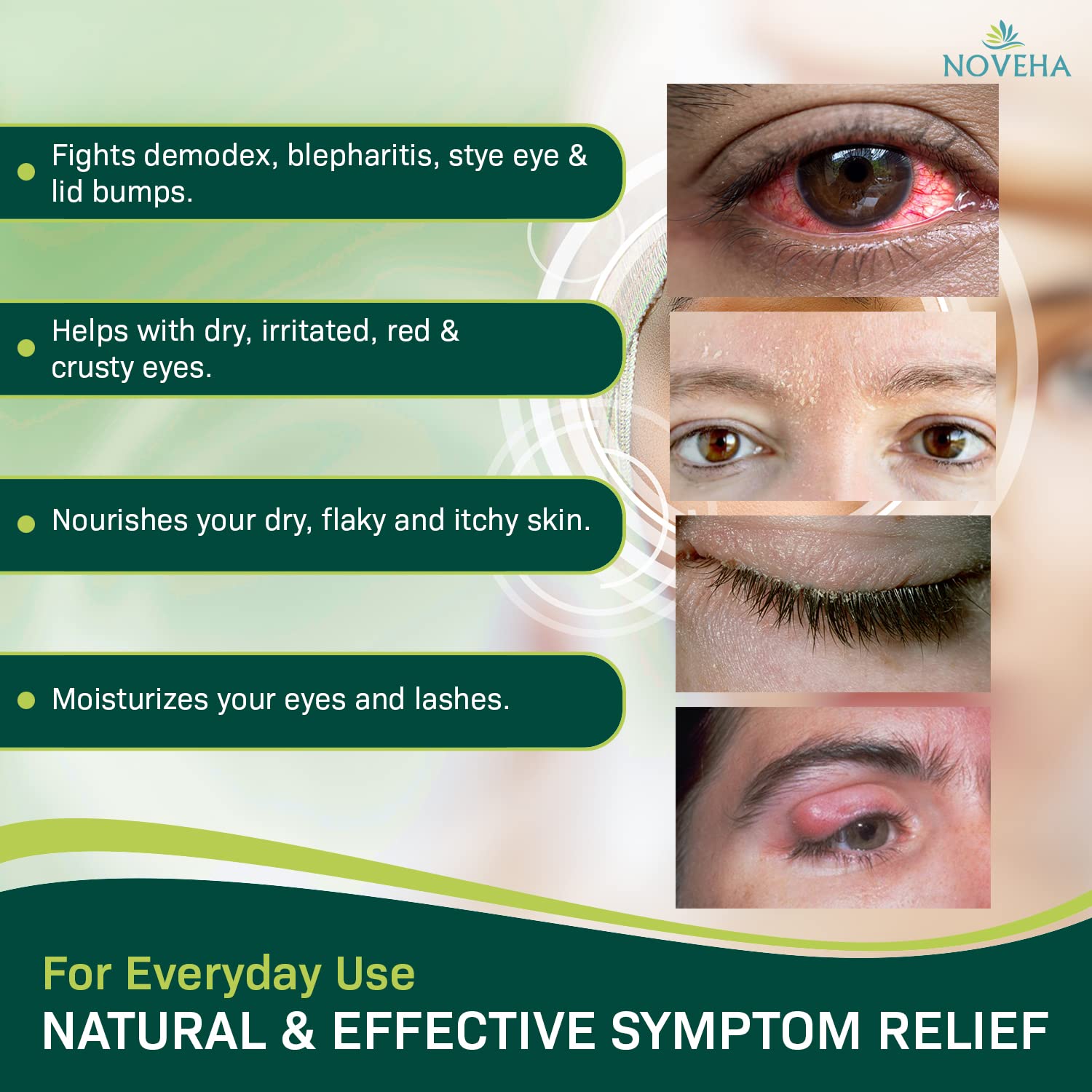 NOVEHA Coconut Oil-enriched eye cleanser foam, highlighting moisturizing feel.
