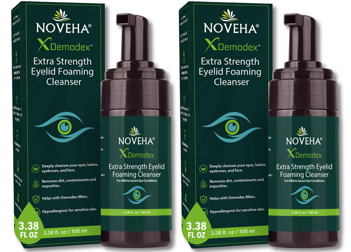 NOVEHA Demodex Eyelid Cleanser Foam bottle with tea tree formula for daily eye care