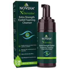 NOVEHA Demodex Eyelid Cleanser Foam bottle for daily eyelid hygiene.