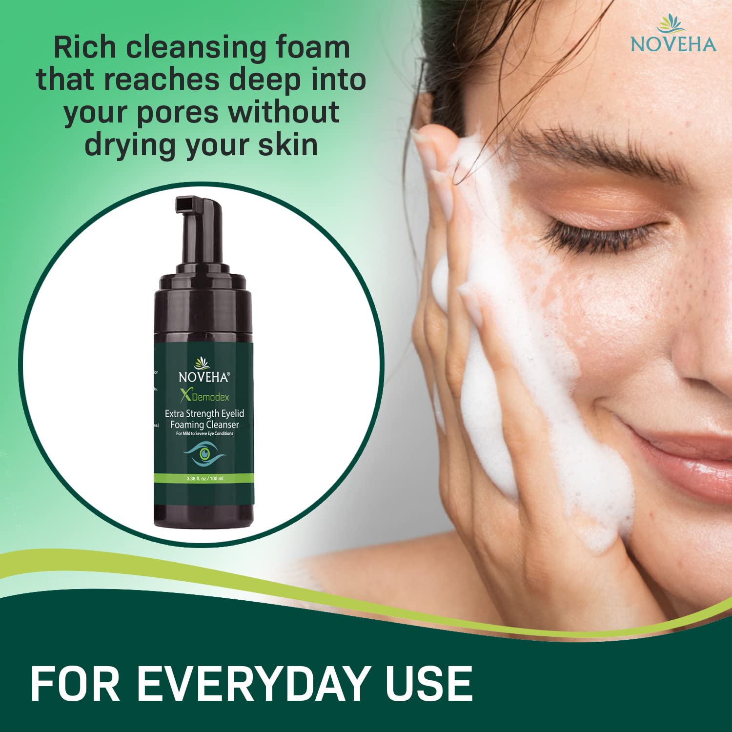 NOVEHA Demodex Eyelid Cleanser Foam close-up bottle shows clean, paraben-free formula
