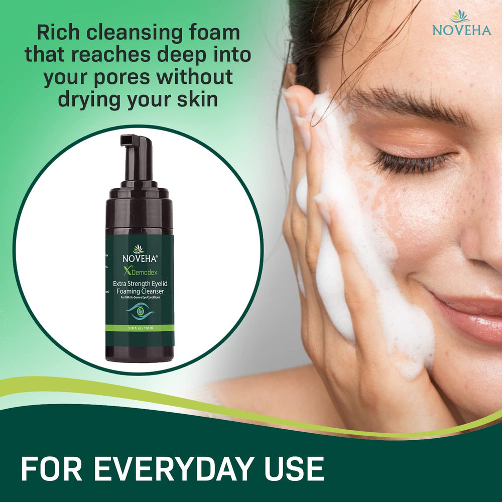 NOVEHA Demodex Eyelid Cleanser Foam close-up bottle shows clean, paraben-free formula