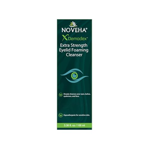 NOVEHA Demodex Eyelid Cleanser Foam pump demonstrates easy daily application for sensitive eyes