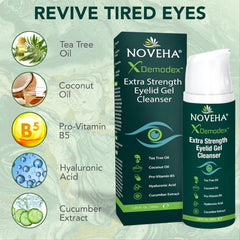 NOVEHA Demodex Eyelid Gel Cleanser being applied to eyelid during daily routine.