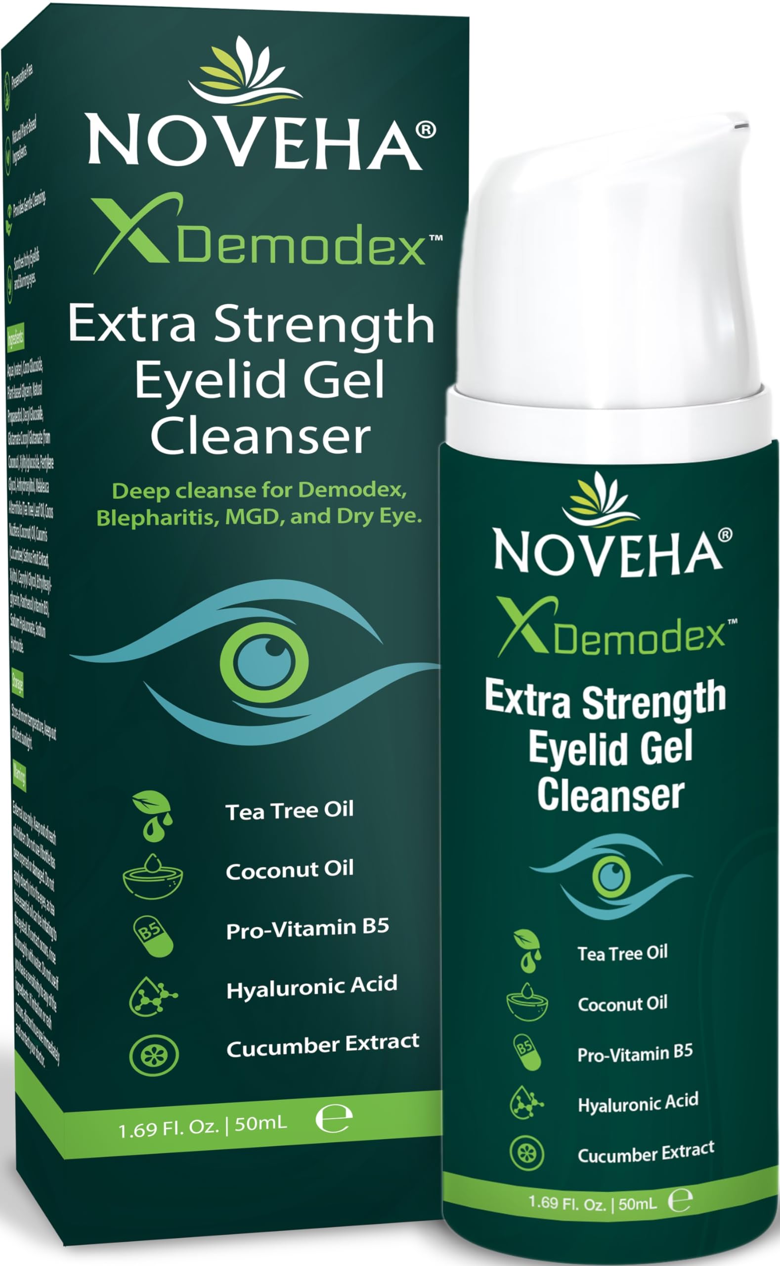 NOVEHA Demodex Eyelid Gel Cleanser bottle with tea tree oil for soothing cleansing.