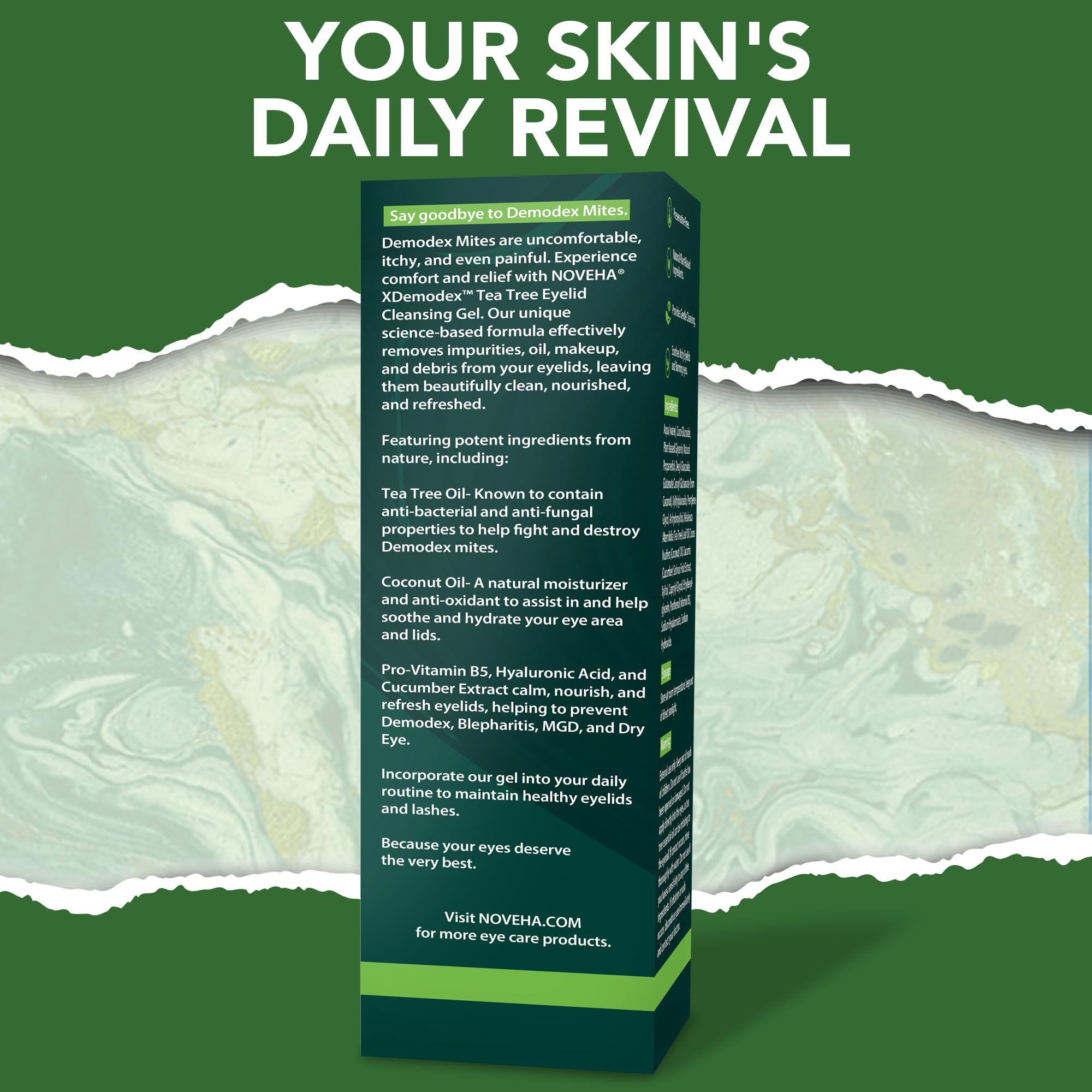 NOVEHA Demodex Eyelid Gel Cleanser shown in a dry eye relief scenario