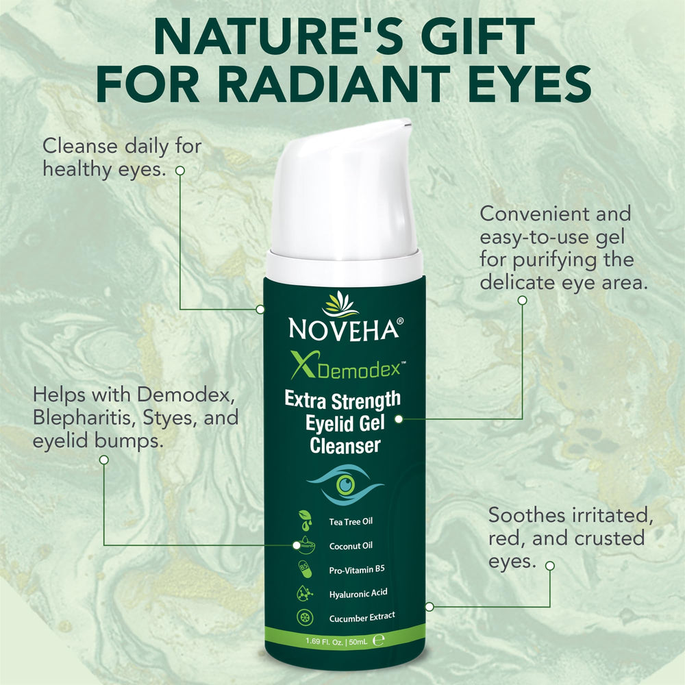 NOVEHA Demodex Eyelid Gel Cleanser ingredients highlight Pro-Vitamin B5 for nourishment.