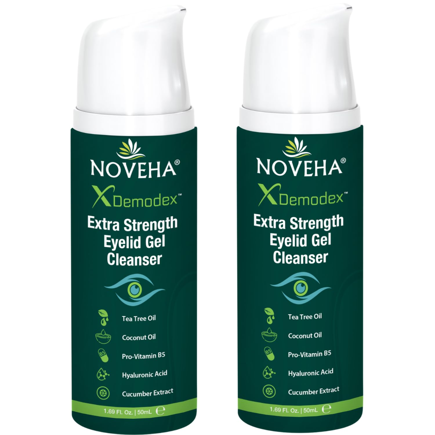 NOVEHA Demodex Eyelid Gel Cleanser two-pack on display for gentle eyelid cleansing