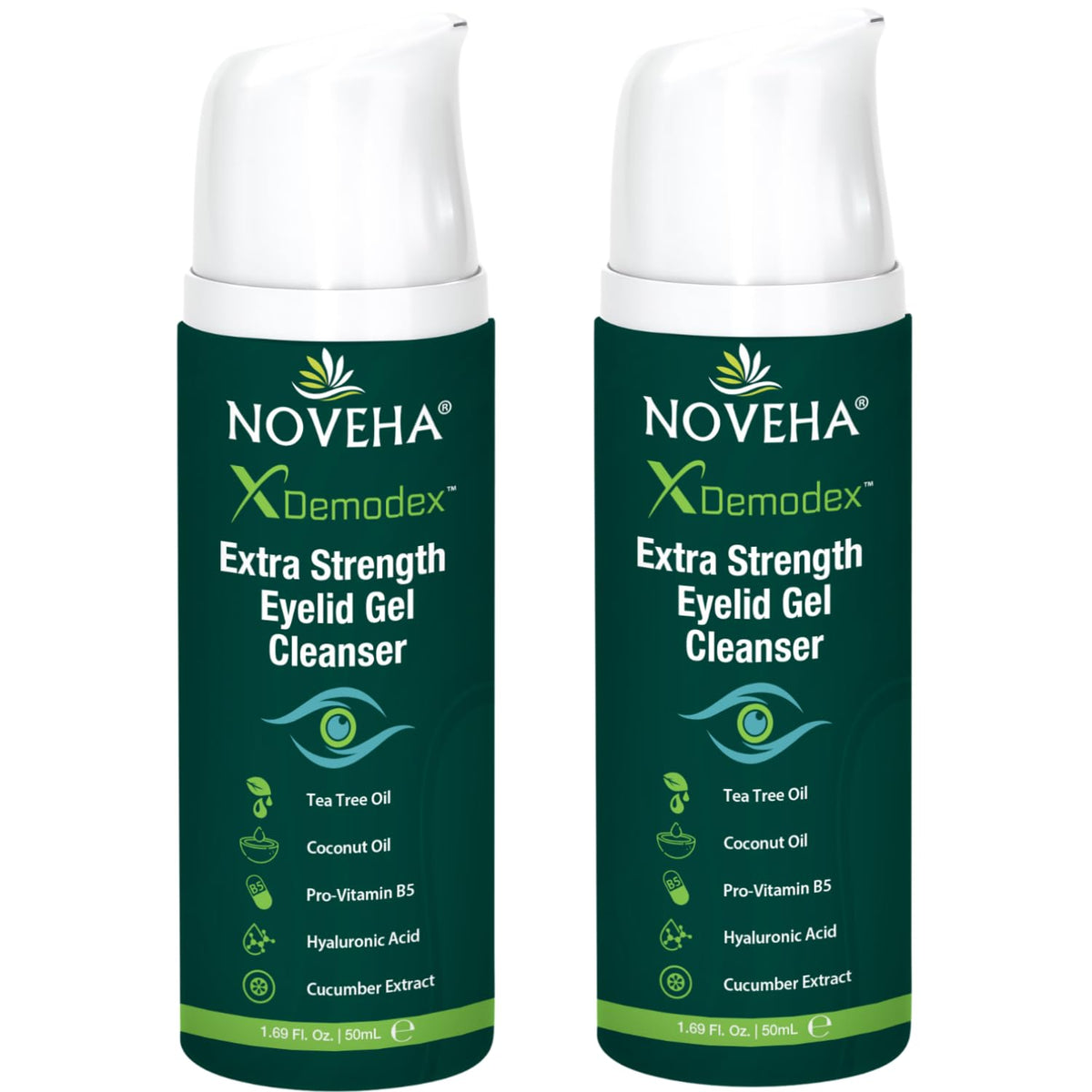 NOVEHA Demodex Eyelid Gel Cleanser two-pack on display for gentle eyelid cleansing