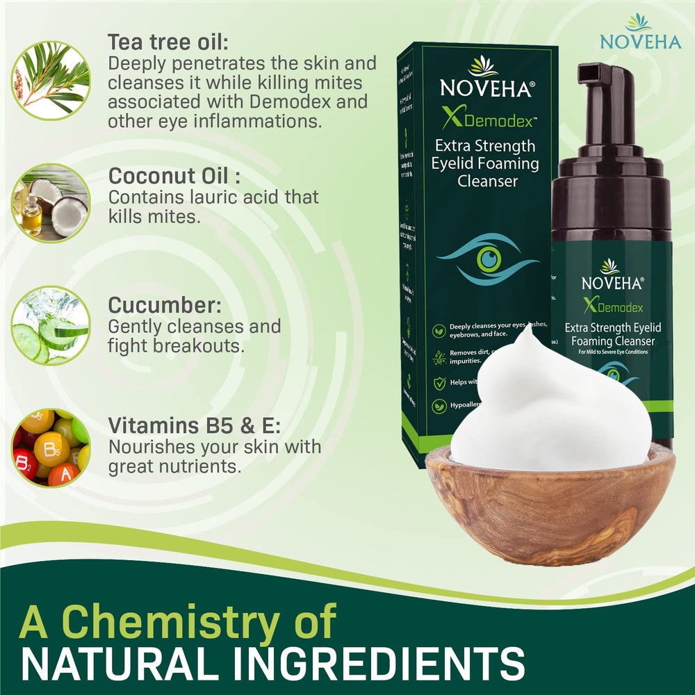 NOVEHA Tea Tree Oil Foam close-up showing rich lather for cleansing.