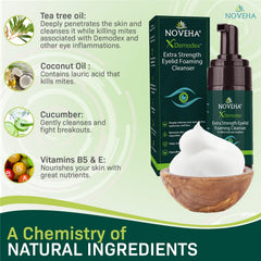 NOVEHA Tea Tree Oil Foam close-up showing rich lather for cleansing.
