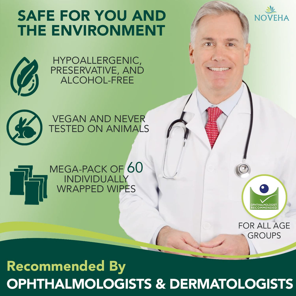 NOVEHA wipes removing debris and oils from eyelids