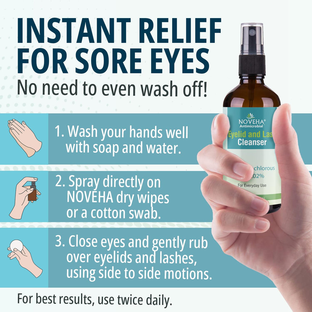 NOVEHA Eyelid Cleanser packaging shows quality seal from facility