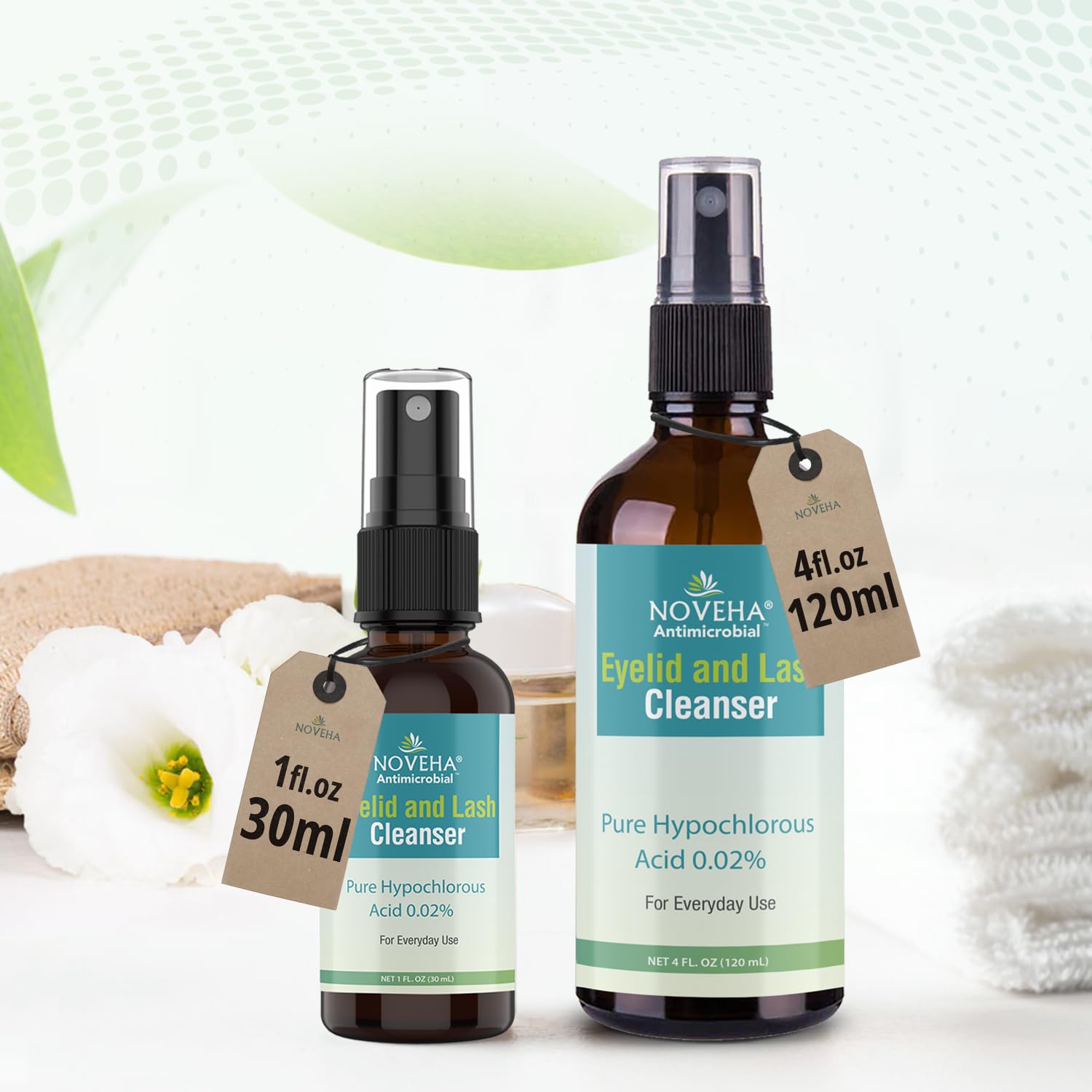 NOVEHA Eyelid Cleanser spray-mist close-up shows no-rinse convenience