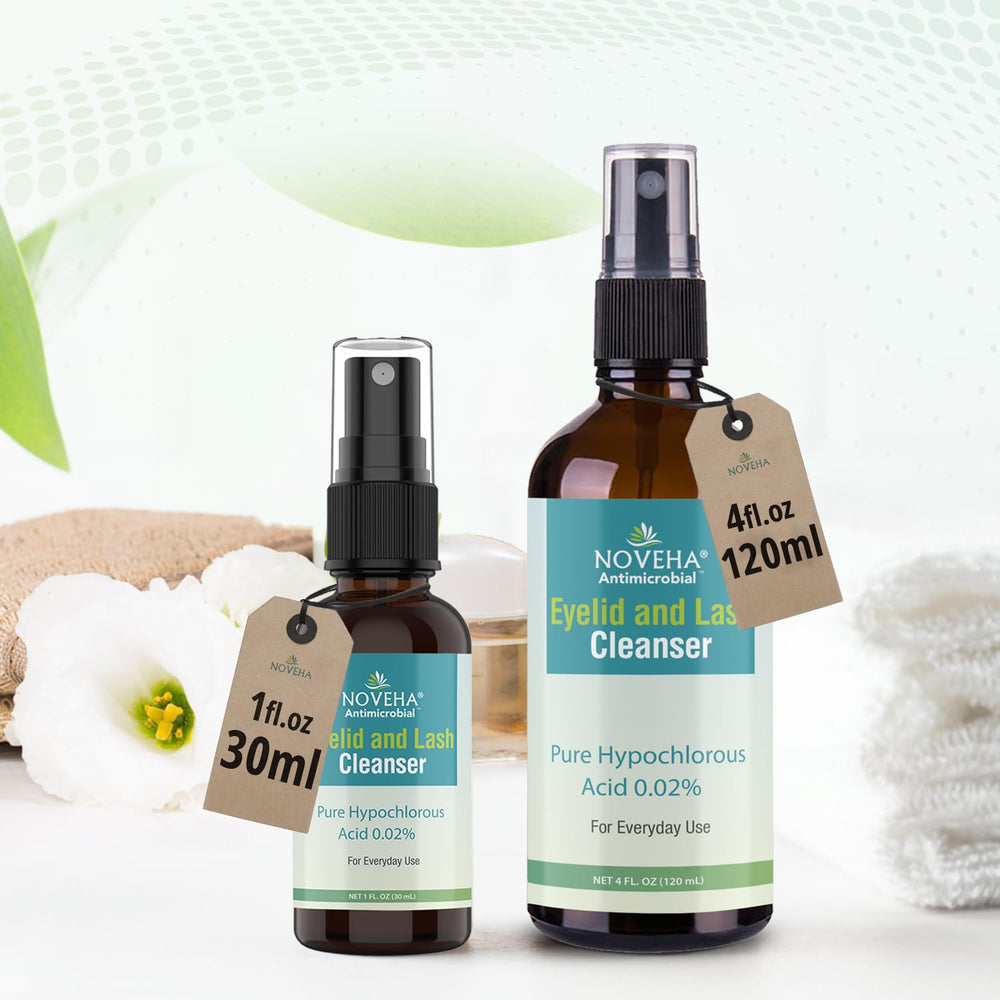 NOVEHA Eyelid Cleanser spray-mist close-up shows no-rinse convenience