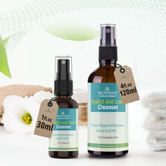 NOVEHA Eyelid Cleanser spray-mist close-up shows no-rinse convenience