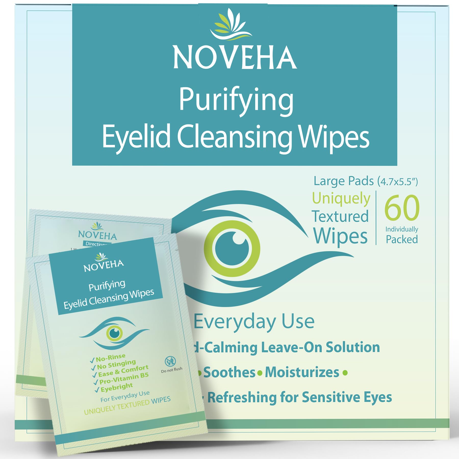 NOVEHA Eyelid & Lash Wipes pack60 closeup for travel cleansing.