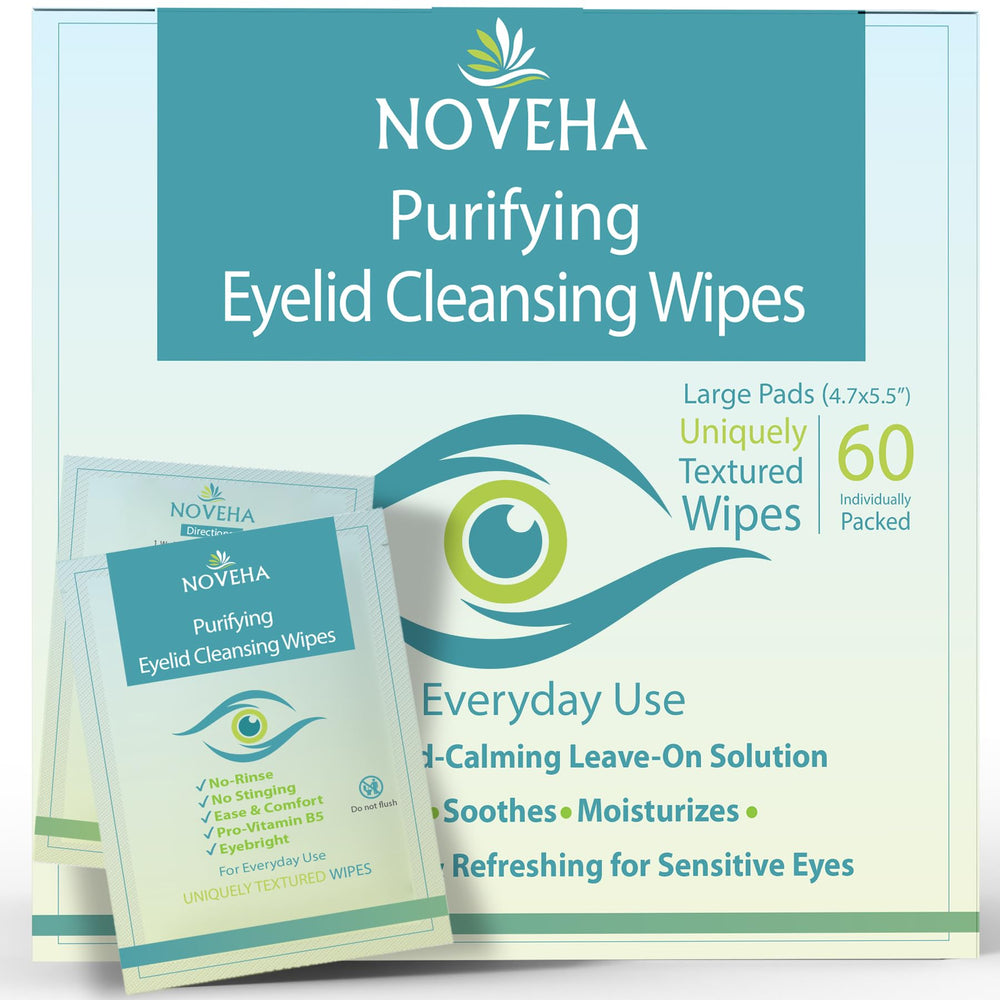 NOVEHA Eyelid & Lash Wipes pack60 closeup for travel cleansing.