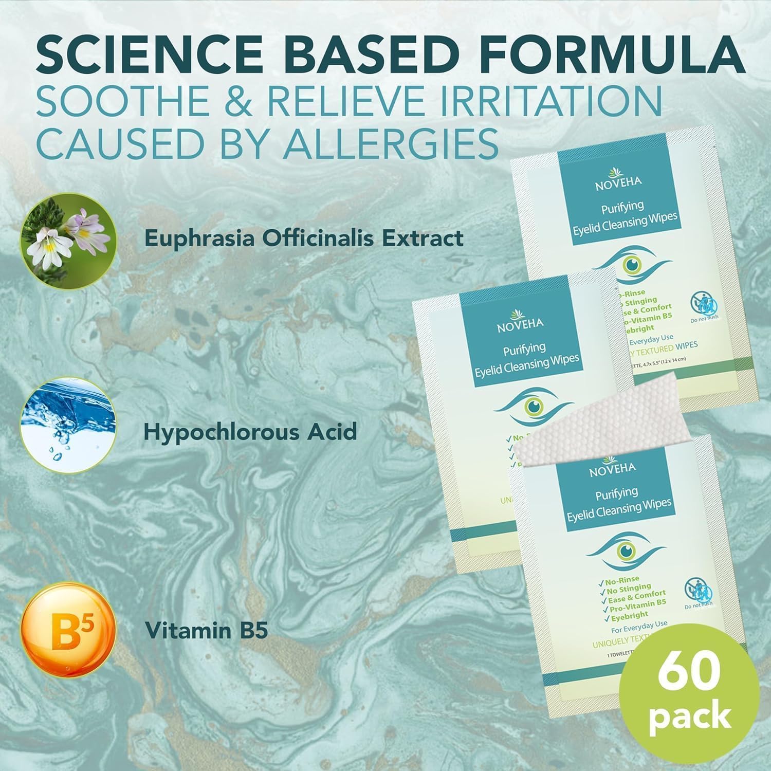 NOVEHA eyelid wipes applied to eyelids for soothing cleansing.