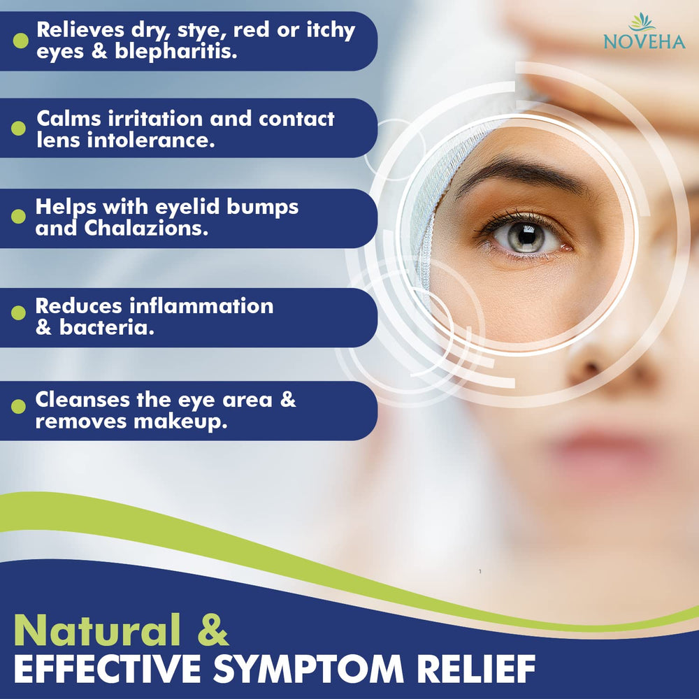 NOVEHA eyelid wipes on hand demonstrate portable cleansing for irritated eyes outdoors.