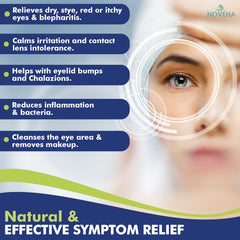 NOVEHA eyelid wipes on hand demonstrate portable cleansing for irritated eyes outdoors.