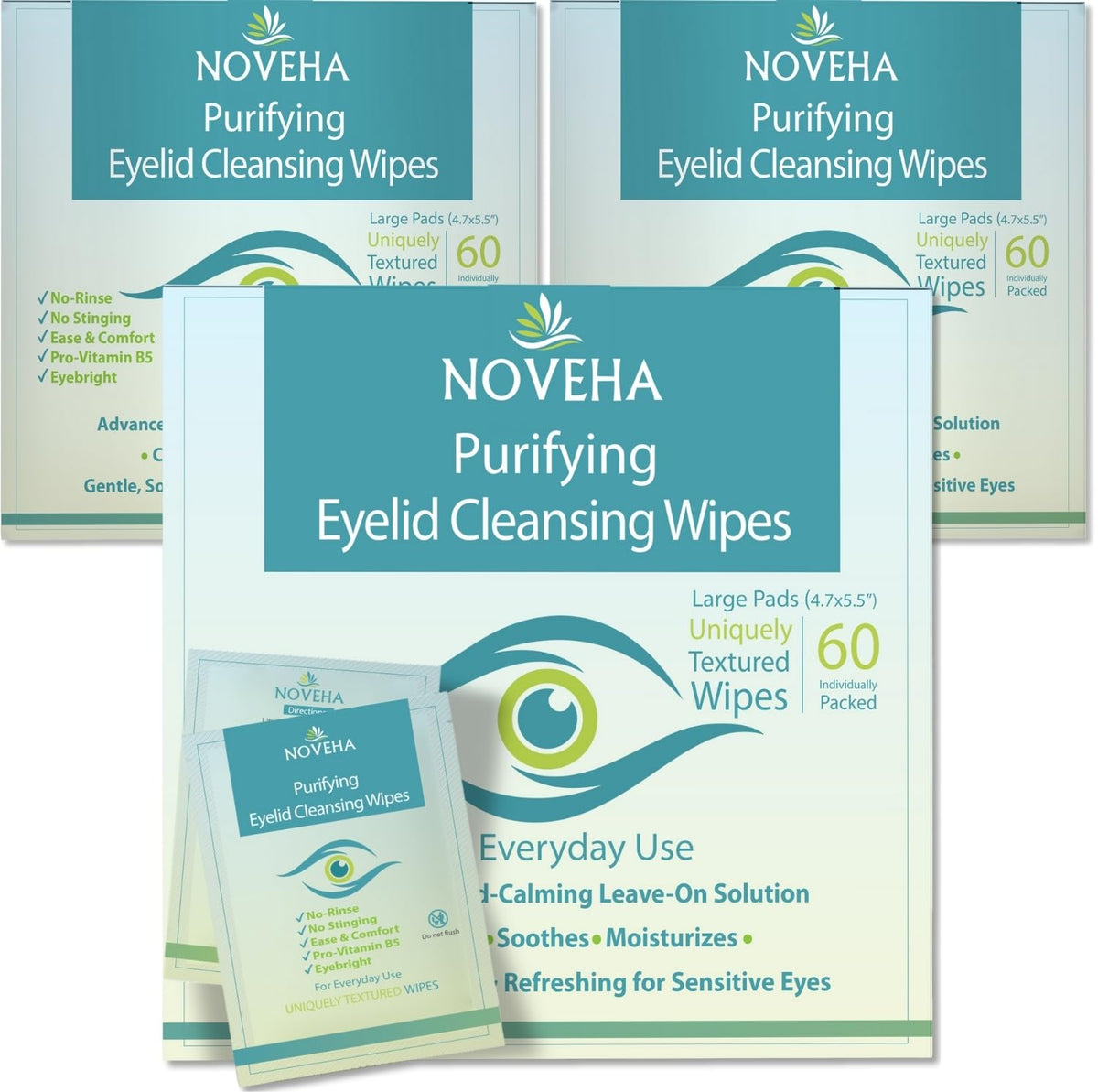 NOVEHA eyelid wipes pack front shows 180-count packaging for convenient daily cleansing.
