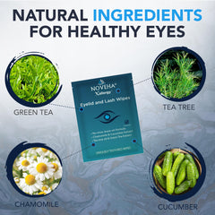 NOVEHA eyelid wipe with green tea extract highlights natural soothing ingredient