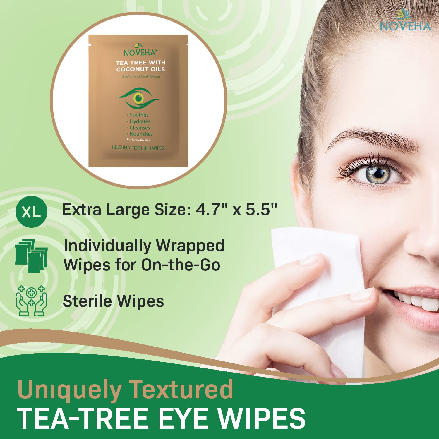 NOVEHA lash-line cleansing wipe demonstrates easy application.