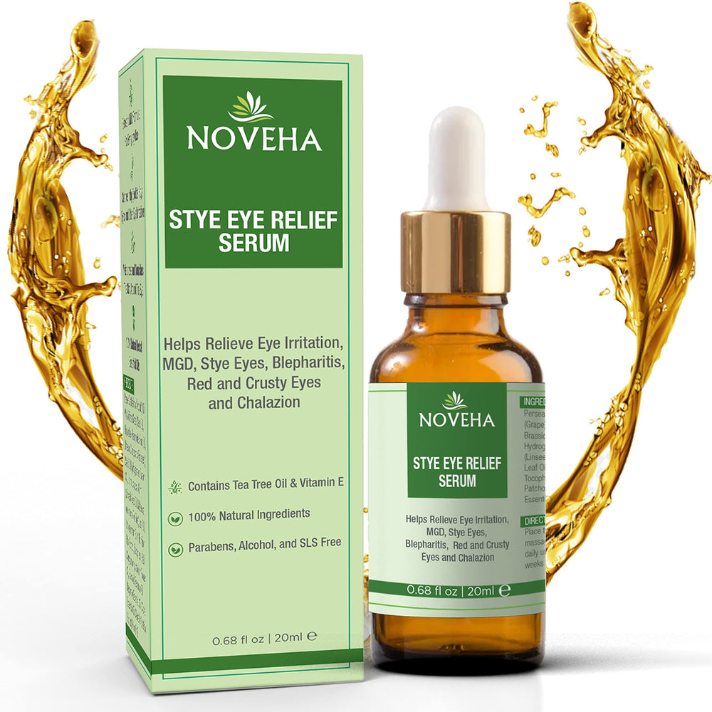 NOVEHA Stye Relief Serum bottle shows a soothing, portable eyelid care solution.