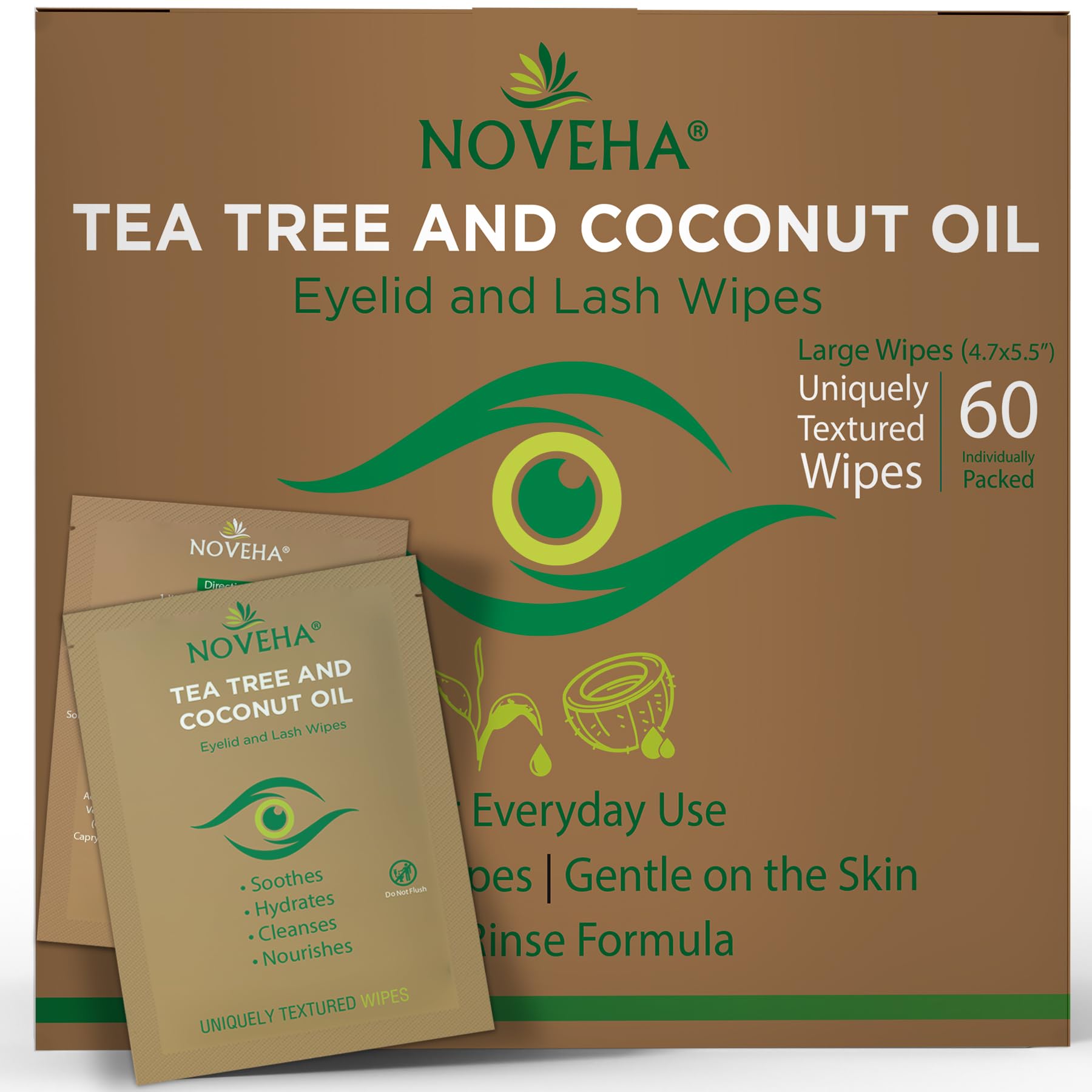 NOVEHA Tea Tree & Coconut Wipes packaging; convenient daily eye and face cleansing on the go.